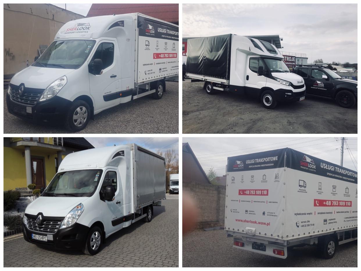Kolaż czterech zdjęć białych samochodów dostawczych z nadrukowanym logo 'SHERLOOK' i numerem telefonu, prezentujących usługi transportowe i logistyczne.