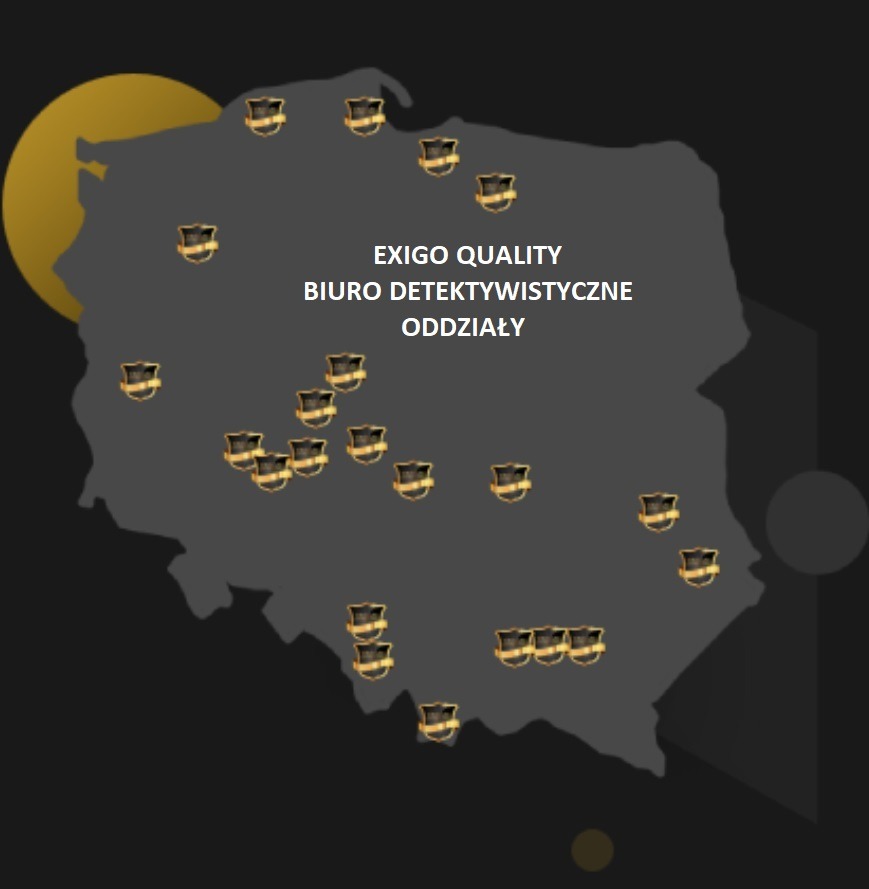 Mapa Polski z zaznaczonymi oddziałami biura detektywistycznego 'Exigo Quality' na ciemnym tle z elementami graficznymi.