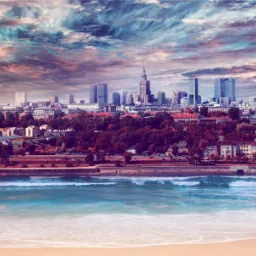 Panorama Warszawy widziana z plaży nad Wisłą, z dramatycznym, kolorowym niebem.