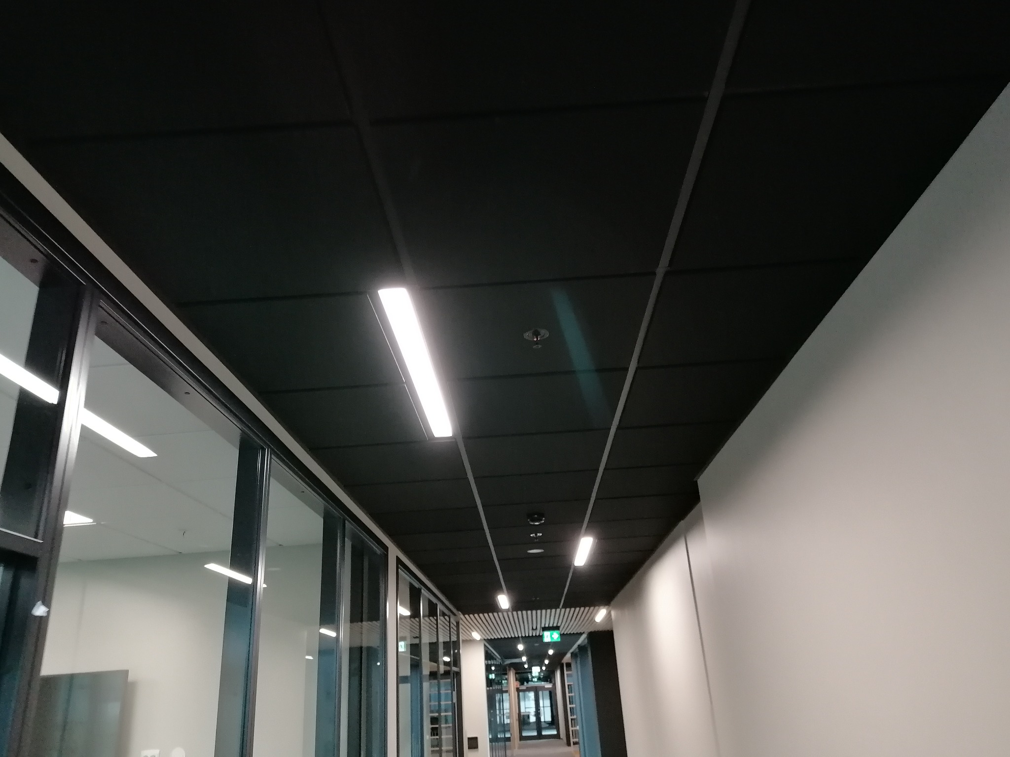 Czarne panele sufitowe z oświetleniem liniowym w nowoczesnym biurze z przeszklonymi ścianami i widocznym systemem wentylacji.