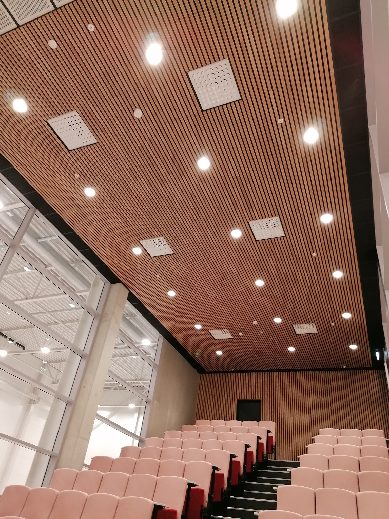 Audytorium z drewnianym, lamelowym sufitem podwieszanym z wbudowanymi punktami świetlnymi i kratkami wentylacyjnymi, widok na rzędy różowych foteli i schody.