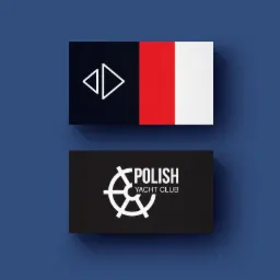 Dwie wizytówki leżące na niebieskim tle. Górna wizytówka jest podzielona na trzy części: czarną z dwoma białymi strzałkami, czerwoną i białą. Dolna wizytówka jest czarna z białym logo Polish Yacht...