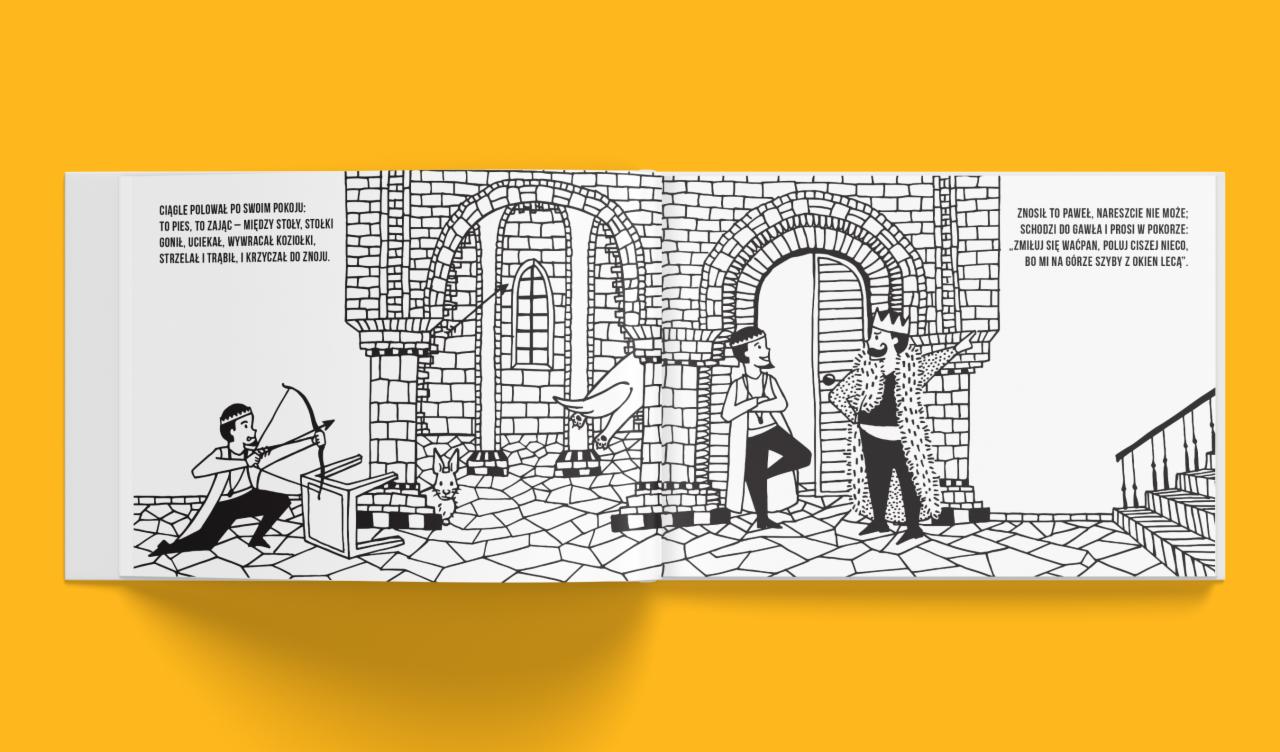 Ilustracja książkowa w czerni i bieli przedstawiająca scenę z życia królewskiego: polowanie w zamku, z królem w szatach i łucznikiem, z tekstem obok ilustracji.