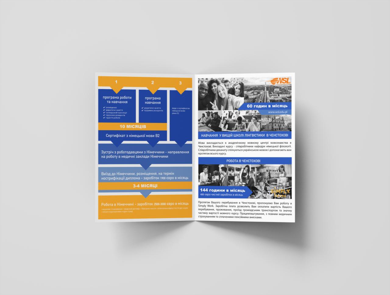 Ulotka informacyjna o kursach języka niemieckiego i możliwościach pracy w Niemczech, z podziałem na programy nauczania, spotkania z pracodawcami i wyjazdy do pracy, zawierająca informacje...