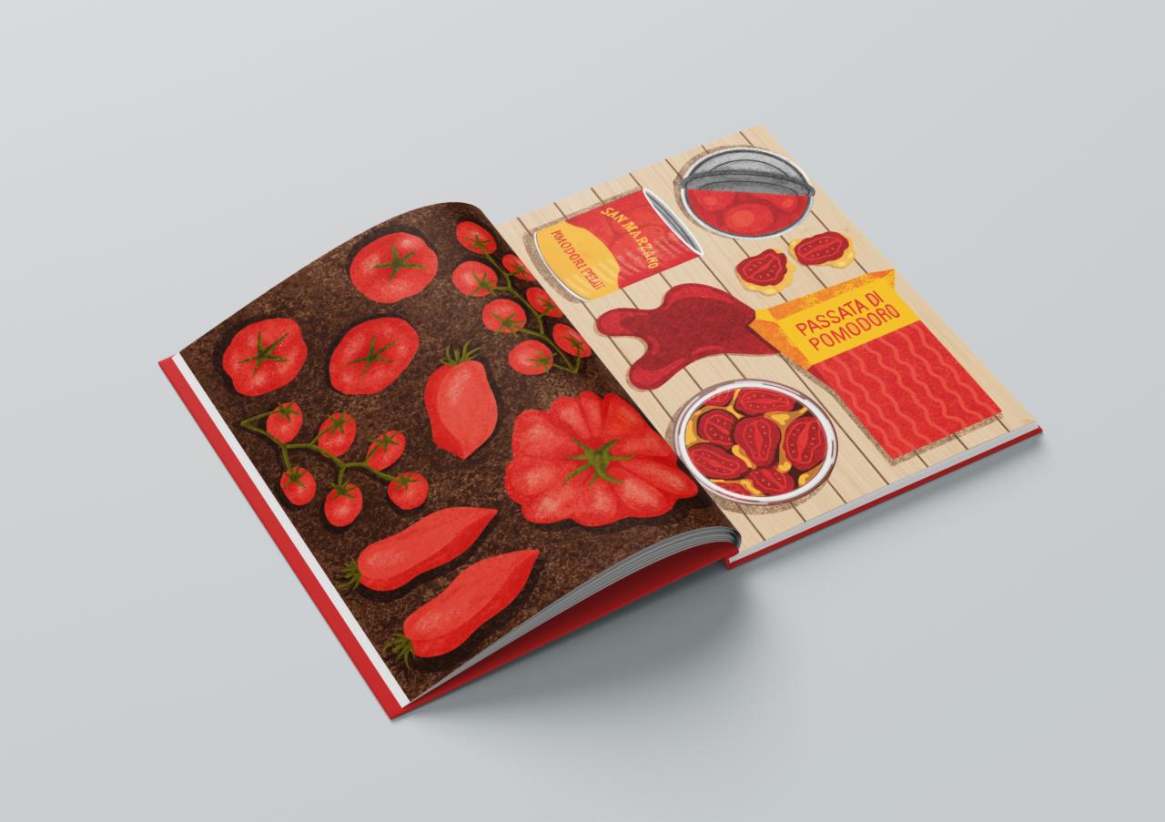 Ilustracja w otwartej książce przedstawiająca różne odmiany pomidorów i przetworów pomidorowych, w tym San Marzano i passatę di pomodoro.