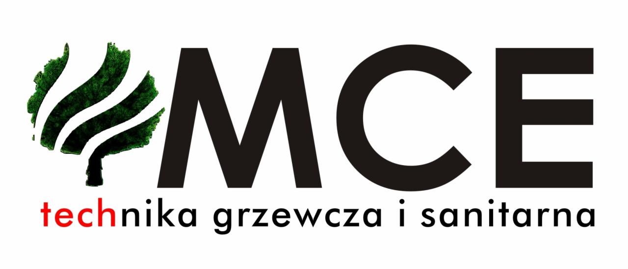 Logo firmy MCE technika grzewcza i sanitarna z zielonym symbolem drzewa po lewej stronie.