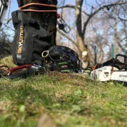 Sprzęt do prac wysokościowych na trawie: lina, drabina, torba Skylotec, kask ochronny i piła spalinowa Stihl, drzewo w tle.