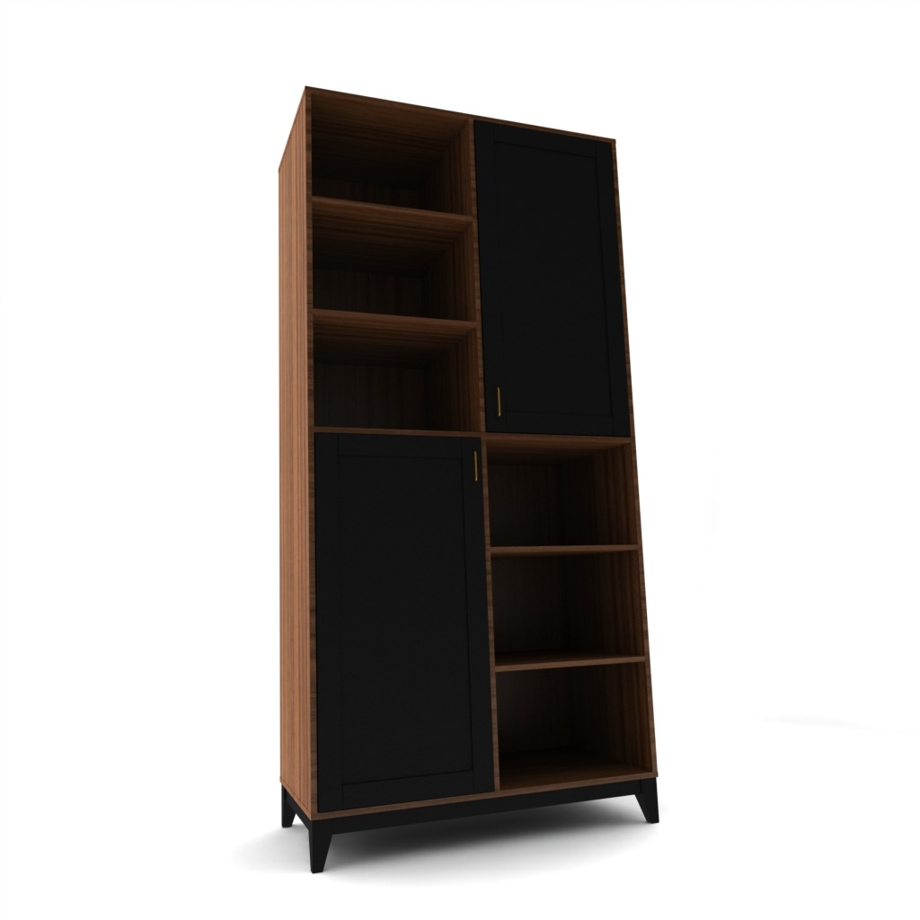 Wysoka szafa z drewnianym korpusem i czarnymi frontami, stojąca na niskich nóżkach, widoczna z perspektywy lekko od dołu.