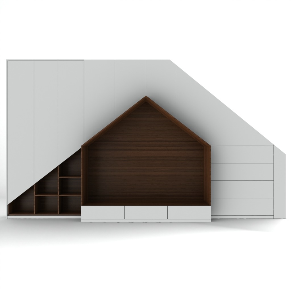 Biała zabudowa meblowa pod skosem ze schowkami i półkami, z wnęką w kształcie domku z ciemnego drewna.