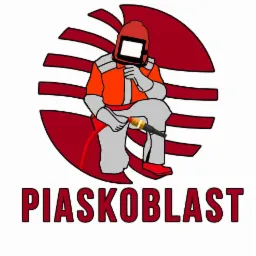 Grafika przedstawiająca postać w kombinezonie ochronnym i hełmie, trzymającą pistolet do obróbki strumieniowo-ściernej, na tle czerwonego logo z napisem 'PIASKOBIAST'.