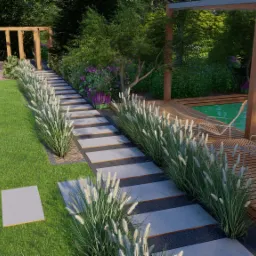 Wizualizacja ogrodu z basenem i jacuzzi, ścieżka z płyt betonowych obsadzona trawami ozdobnymi, drewniany taras i pergola.