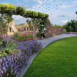 Wizualizacja ogrodu z łukiem porośniętym zielenią, rabatami kwiatowymi, lawendą i trawnikiem, na tle ceglanego muru i budynku.
