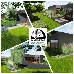 WARSZTAT KRAJOBRAZU Pracownia Architektury Krajobrazu Joanna Lewandowska - Kolaż wizualizacji ogrodu z nowoczesną architekturą, prezentujący różne ujęcia: trawnik z kamiennymi ścieżkami, budynek z garażem, rabaty z ozdobnymi trawami i kwiatami, w centralnej części logo...