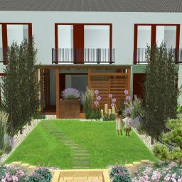 WARSZTAT KRAJOBRAZU Pracownia Architektury Krajobrazu Joanna Lewandowska - Wizualizacja ogrodu przed domem z drewnianą pergolą, ścieżką z płyt, rabatami kwiatowymi, drzewami iglastymi i liściastymi oraz bawiącymi się dziećmi na trawniku.