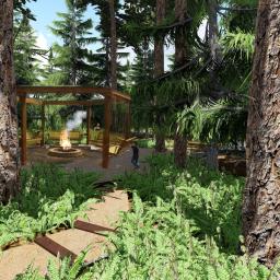 WARSZTAT KRAJOBRAZU Pracownia Architektury Krajobrazu Joanna Lewandowska - Wizualizacja ogrodu z miejscem na ognisko, drewnianą huśtawką i ścieżką wśród paproci, otoczonego drzewami.