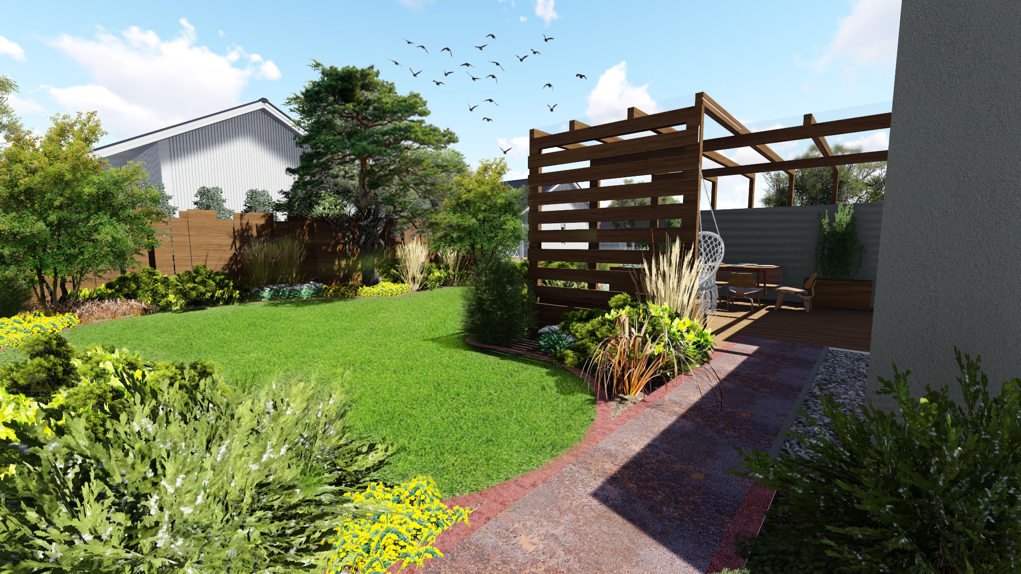 Wizualizacja ogrodu z równo przystrzyżonym trawnikiem, drewnianą pergolą, roślinami ozdobnymi i ścieżką z kostki brukowej, widok z perspektywy pieszego, w tle dom jednorodzinny.
