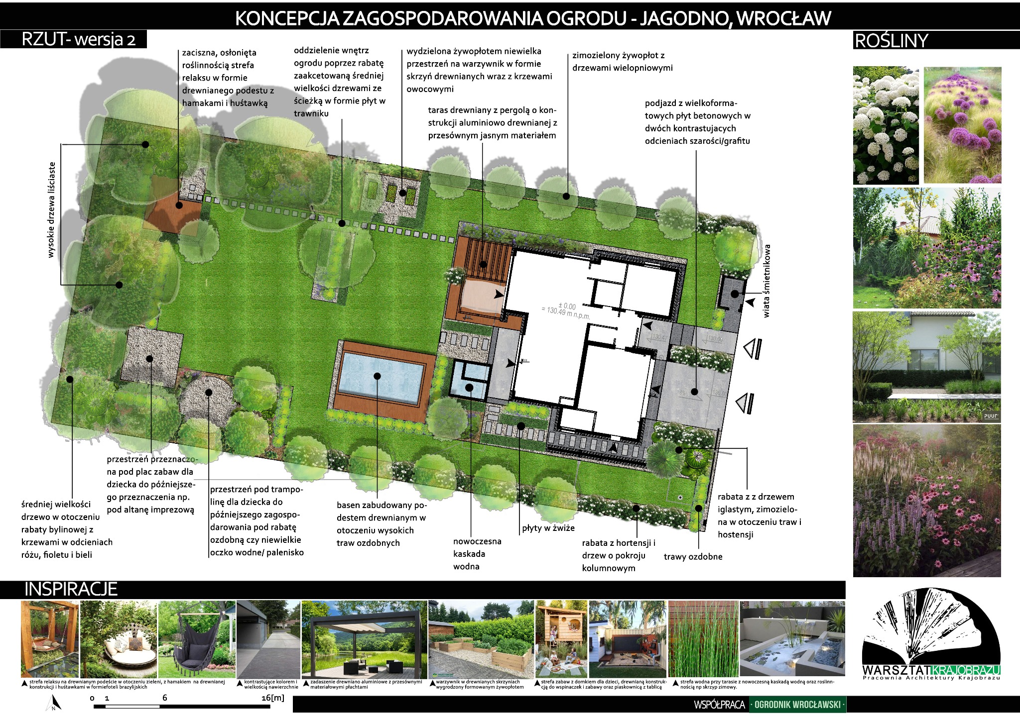 Koncepcja zagospodarowania ogrodu z Jagodna we Wrocławiu, rzut z góry prezentujący podział przestrzeni na strefy relaksu, zabaw, warzywnik i basen, z zaznaczonymi roślinami i elementami...