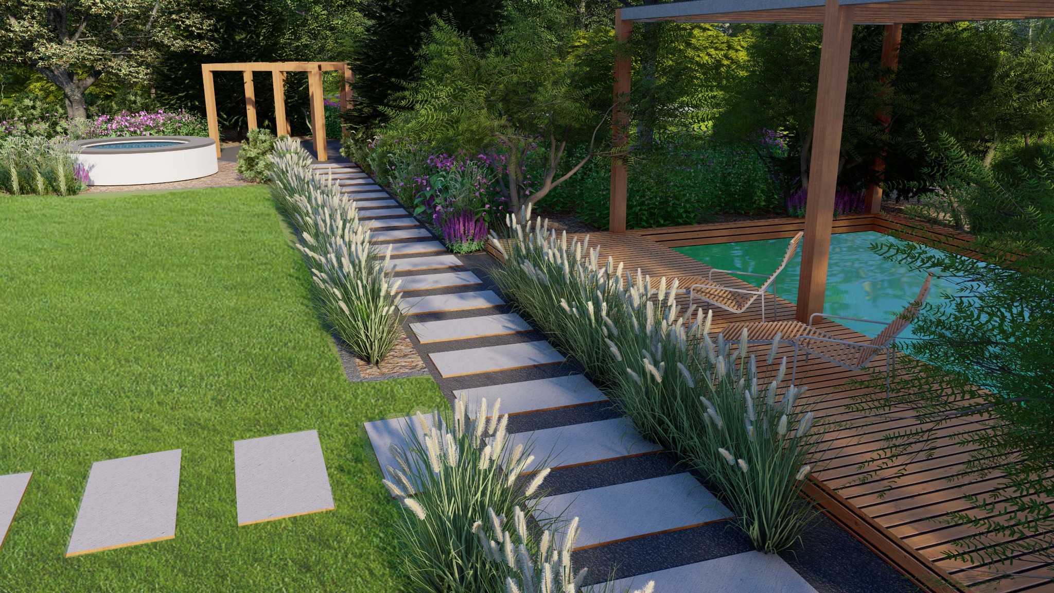 Wizualizacja ogrodu z basenem i jacuzzi, ścieżka z płyt betonowych obsadzona trawami ozdobnymi, drewniany taras i pergola.