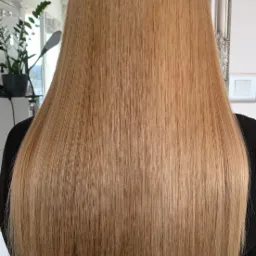 Długie, proste włosy w odcieniu miodowego blondu, widok z tyłu, z delikatnymi refleksami i subtelnym cieniowaniem u dołu.