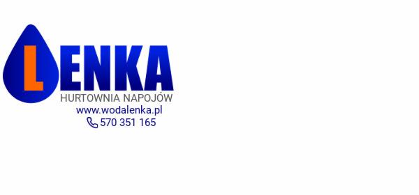 Logo firmy Lenka, hurtownia napojów, z symbolem kropli wody i literą L w kolorze pomarańczowym.