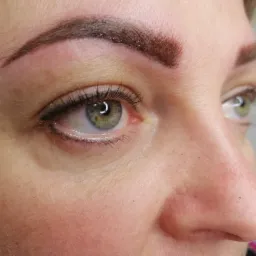 Zbliżenie na oko kobiety z widocznym makijażem permanentnym brwi i kreską na powiece.