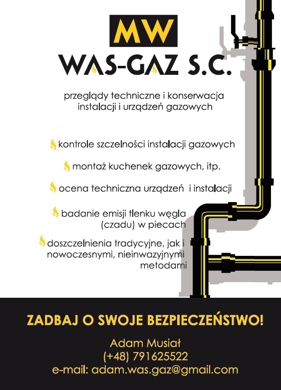 Grafika reklamowa firmy WAS-GAZ S.C. z logo, informacjami kontaktowymi i listą świadczonych usług związanych z instalacjami gazowymi, w tle schematyczna instalacja gazowa.