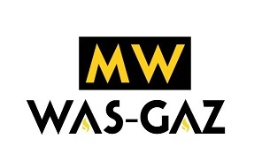Logo firmy WAS-GAZ z inicjałami MW umieszczonymi w czarnym prostokącie, pod napisem stylizowane płomienie.