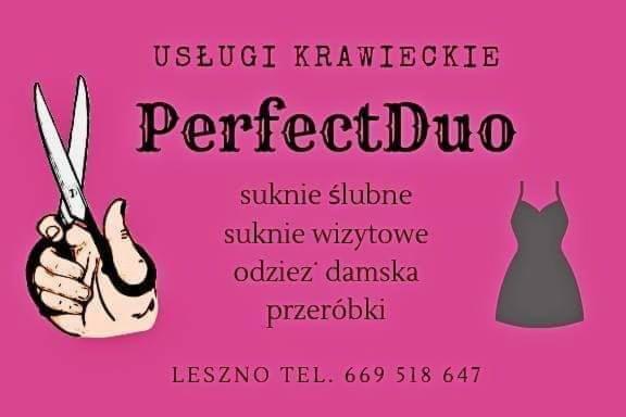 Różowe tło z grafiką: ręka trzymająca nożyczki krawieckie, sylwetka sukienki oraz tekst 'Usługi krawieckie PerfectDuo suknie ślubne, suknie wizytowe, odzież damska, przeróbki Leszno tel. 669 518 647'.