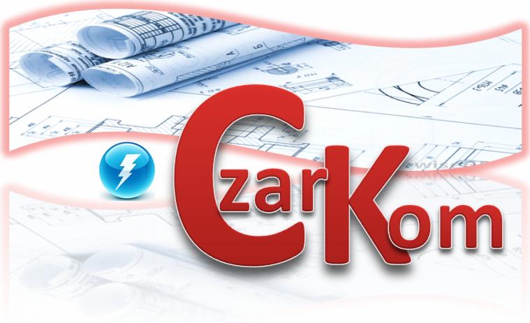 Logo firmy z nazwą 'CzarKom', niebieską ikoną błyskawicy i zwiniętymi planami instalacji elektrycznych w tle.