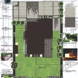 Pracownia Projektowa GreenGo! Katarzyna Marchlewska - Plan zagospodarowania ogrodu z widokiem z góry, prezentujący rozmieszczenie trawnika, nasadzeń, ścieżek, elementów małej architektury, takich jak altana, ławka gabionowa, murek, oświetlenie...