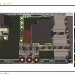 Projekt oświetlenia terenu z widokiem z góry, prezentujący rozmieszczenie lamp zewnętrznych sufitowych i reflektorów ogrodowych w przestrzeni ogrodu.