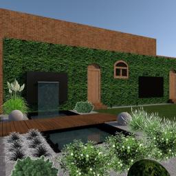 Pracownia Projektowa GreenGo! Katarzyna Marchlewska - Wizualizacja ogrodu z minimalistycznym wodospadem, drewnianym mostkiem nad stawem i ścianą porośniętą zielenią, otoczonego różnorodną roślinnością ozdobną.