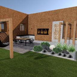 Pracownia Projektowa GreenGo! Katarzyna Marchlewska - Wizualizacja ogrodu z ceglanym murem, paleniskiem na ścianie, miejscem do siedzenia z wiszącym fotelem, roślinnością ozdobną i drewnianą konstrukcją.