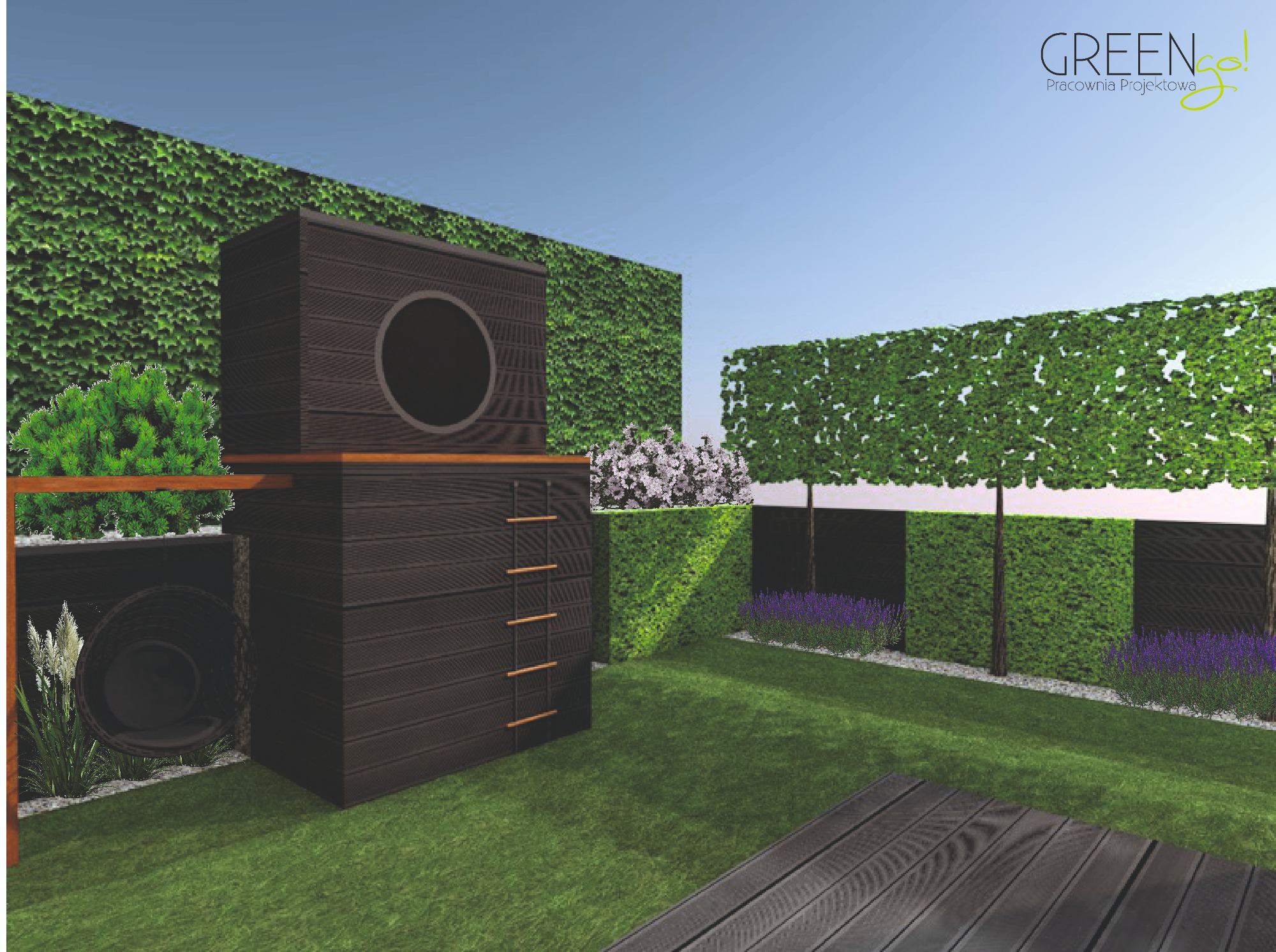 Wizualizacja ogrodu z drewnianą konstrukcją z okrągłym otworem i drabinką, otoczoną zielenią, trawą i lawendą, z widocznym fragmentem drewnianego tarasu.