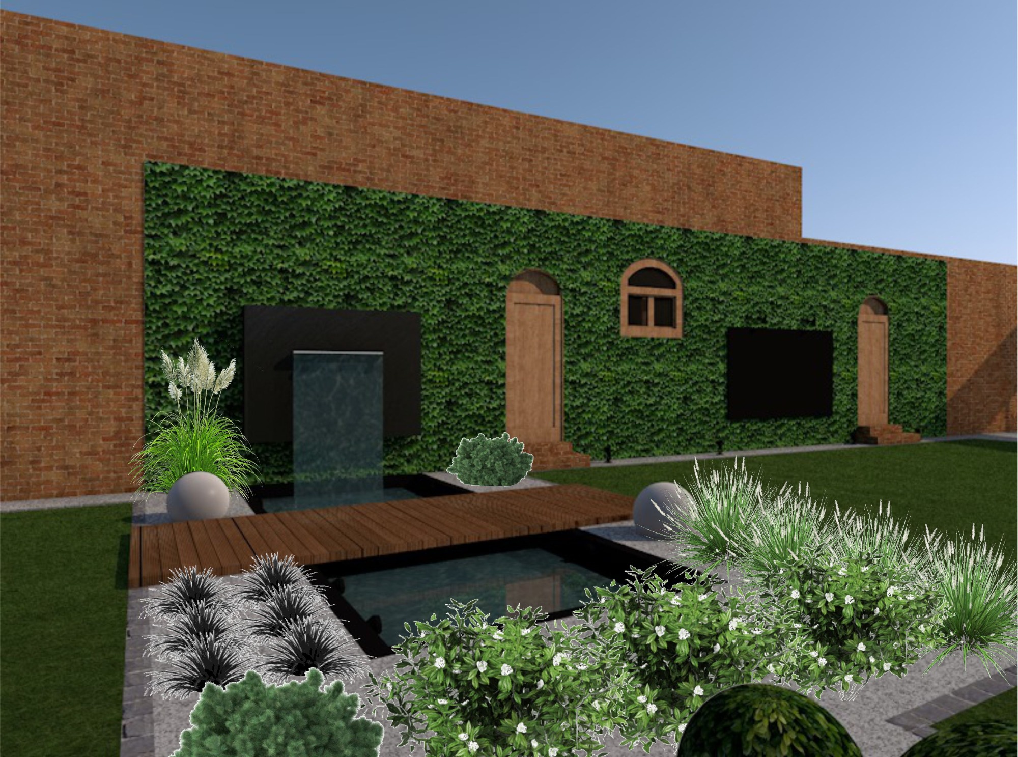 Wizualizacja ogrodu z minimalistycznym wodospadem, drewnianym mostkiem nad stawem i ścianą porośniętą zielenią, otoczonego różnorodną roślinnością ozdobną.