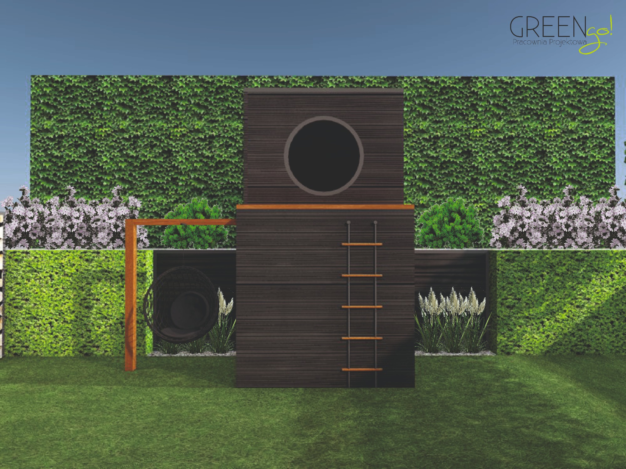 Wizualizacja ogrodu z drewnianą konstrukcją z drabinką i okrągłym oknem, otoczoną zieloną ścianą z roślin, wiszącym fotelem i ozdobnymi trawami.