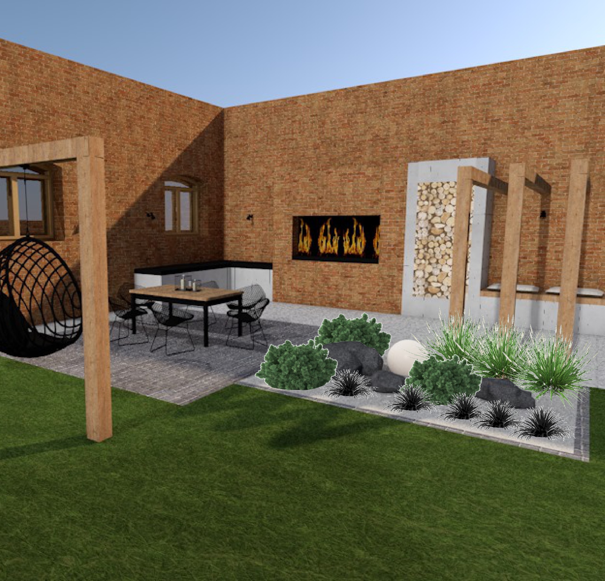 Wizualizacja ogrodu z ceglanym murem, paleniskiem na ścianie, miejscem do siedzenia z wiszącym fotelem, roślinnością ozdobną i drewnianą konstrukcją.