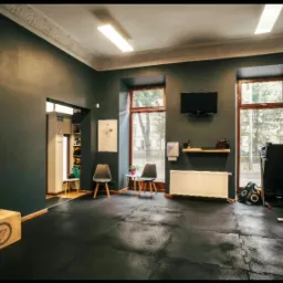 Wnętrze siłowni z drewnianą skrzynią do ćwiczeń, czarną gumową podłogą i ścianami w kolorze grafitowym, ozdobione cegłą i sztukaterią sufitową.