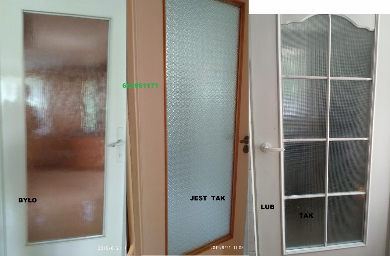 Porównanie trzech typów drzwi wewnętrznych z szybami o różnej fakturze szkła, w odcieniach bieli i beżu.