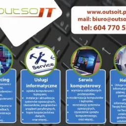 Grafika prezentująca ofertę usług IT: outsourcing, usługi informatyczne, serwis komputerowy i help desk, umieszczona na tle klawiatury komputera, z logo firmy outsOIT w lewym górnym rogu i danymi...