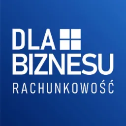 Niebieskie tło z białym napisem 'DLA BIZNESU' powyżej napisu 'RACHUNKOWOŚĆ', z symbolem plusa w górnym prawym rogu litery A.