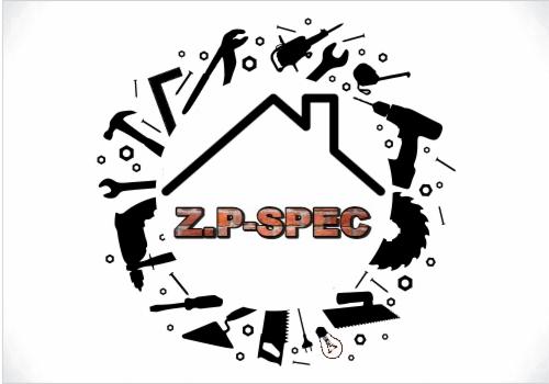 Grafika wektorowa z sylwetkami narzędzi budowlanych otaczających kontur domu i napis Z.P-SPEC w ceglanym stylu.