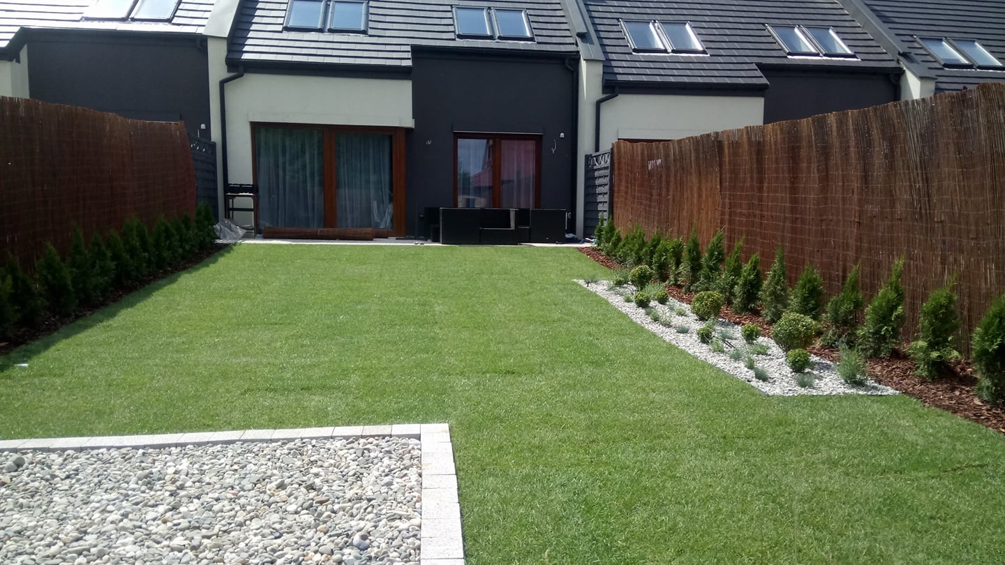 Zadbany trawnik z równo przyciętą trawą, obrzeżem z kamieni i nasadzeniami z tuj wzdłuż płotu z wikliny. W tle zabudowa szeregowa z ciemną elewacją.