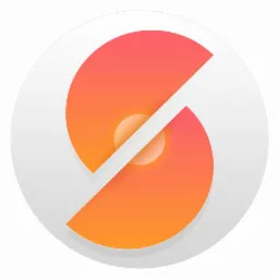 Stylizowane logo w kształcie litery S, gradient pomarańczowo-różowy, przecięte ukośną białą linią na szarym tle koła.