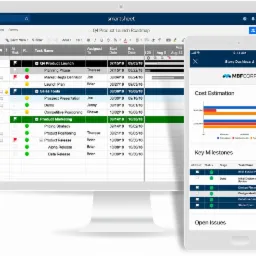 Ekran komputera i smartfona prezentujące interfejs oprogramowania do zarządzania projektami z widocznym harmonogramem Gantta i analizą kosztów w firmie MBFCORP.