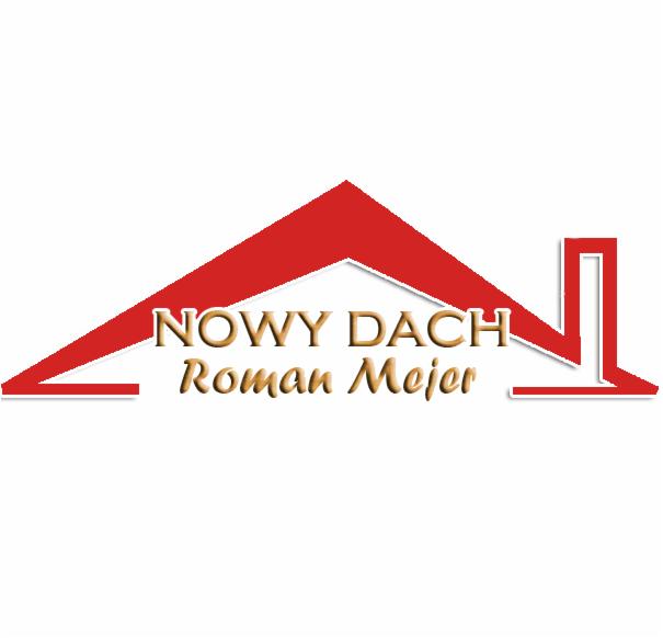 Logo firmy dekarskiej: czerwony zarys dachu z kominem i złotym napisem 'NOWY DACH Roman Meier'.
