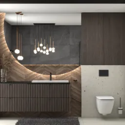 Nowoczesna łazienka z drewnianą okładziną w jodełkę, podświetlonym łukiem nad umywalką, szarą ścianą z płytek, wiszącą toaletą i designerskim oświetleniem w postaci kilku lamp kulistych...