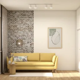 Jasny salon z żółtą sofą na tle ceglanej ściany, drewniany stolik kawowy z wazonem i filiżanką, minimalistyczny obraz na ścianie, oświetlenie punktowe sufitowe.