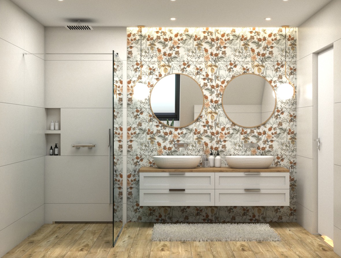 Nowoczesna łazienka z podwójną umywalką nablatową, drewnianym blatem, białymi szafkami, lustrami w okrągłych ramach i ścianą w kwiatowy wzór, widok na kabinę prysznicową.