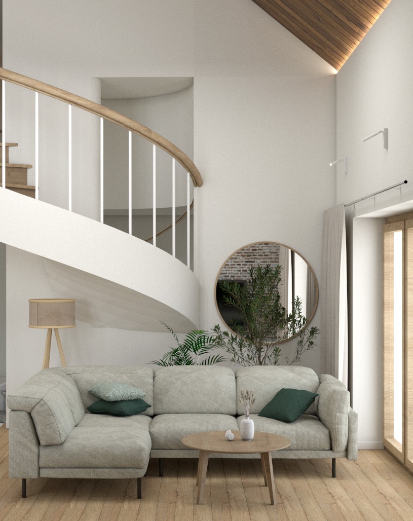 Jasny salon z narożną sofą, okrągłym lustrem z roślinami, drewnianym stołem kawowym i schodami z białą balustradą w tle.